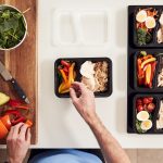 Overhead Shot Of Man Preparing Batch Of Healthy Meals At Home In Kitchen